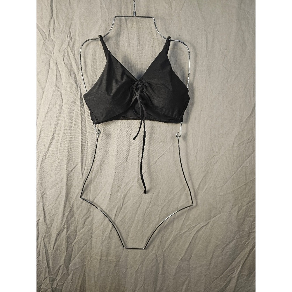 Solid Black Ruched Front Drawstring Bikini Top Women Medium Adjustable Straps